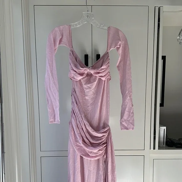 Meshki Pink Asymmetrical Ruched Bodycon Dress - Picture 2 of 6